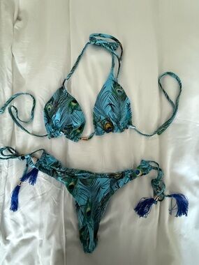 Blue Peacock-Print Triangle Bikini Set - Women Swim